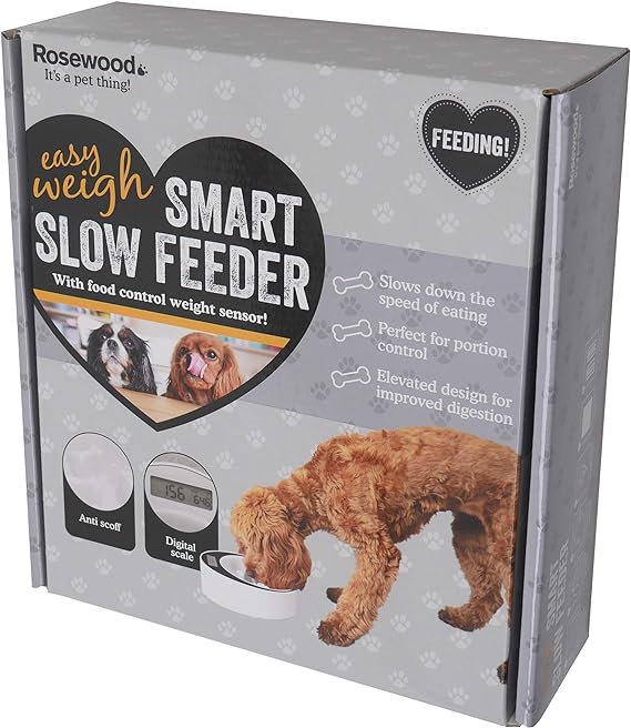 Rosewood Slow Pet Feeder Bowl Elevated Anti Scoff Design With Built In Digital Weighing Scale For Cat And Dog Portion Control