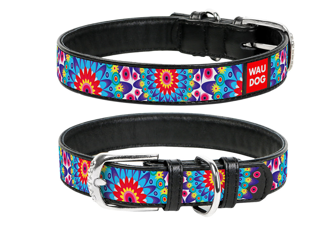 Copy of Collar WauDog Design Flowers leather collar black