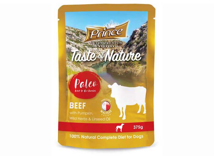 Prince Taste Of Nature Wet Dog Food Pouch Beef with Pumpkin Wild Herbs And Linseed Oil 375g